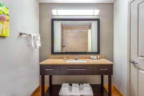 a bathroom with a sink and a mirror at La Quinta by Wyndham Columbus - Edinburgh in Columbus