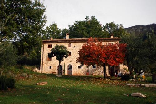 an old stone house with a red tree in front of it at B&B Casal Cominium in San Donato Val di Comino