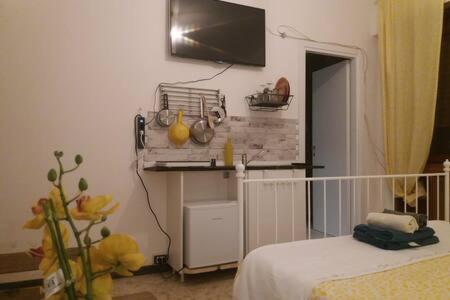 sypialnia z łóżkiem i telewizorem na ścianie w obiekcie Roma Trastevere Station w Rzymie