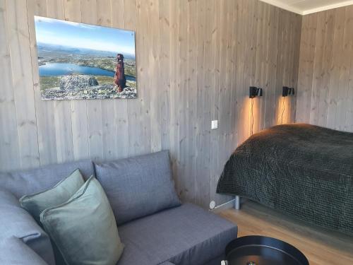 a living room with a couch and a bed at Hovden Fjellstoge in Hovden