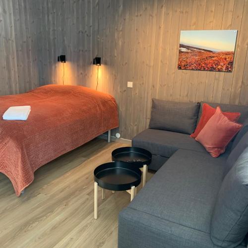 a hotel room with a bed and a couch at Hovden Fjellstoge in Hovden