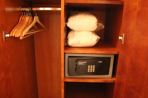 a microwave in a cabinet with a stuffed animal at Parkhotel Richmond in Karlovy Vary