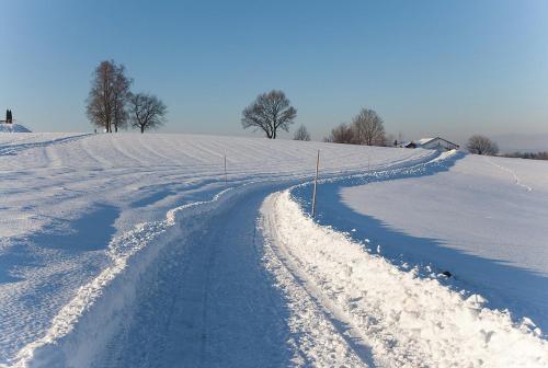a snow covered field with a road in the middle at Landgasthof Zum Kirchenwirt in Kellberg