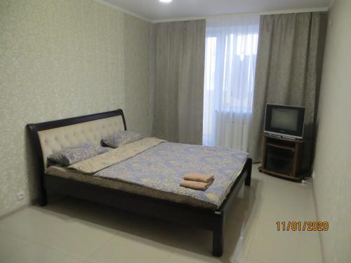 1 dormitorio con 1 cama y TV en una habitación en Замечательная квартира с современным ремонтом рядом с метpо Холодная гора en Járkov
