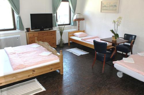 a room with two beds and a table and a tv at Penzion Varšavjanka in Harrachov