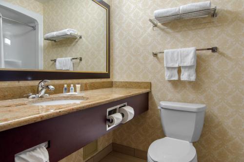 a bathroom with a sink and a toilet and a mirror at Comfort Inn & Suites Levis / Rive Sud Quebec city in Lévis