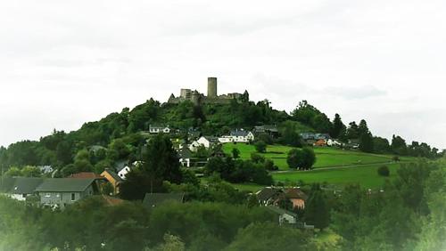a castle on top of a hill with houses at DF am Ring Nürburg in Nürburg