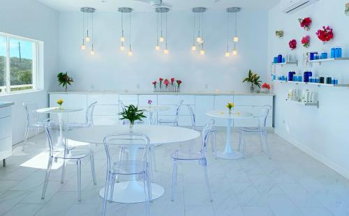 a white room with white tables and chairs at Mika's Resort in Colebrooke Dale