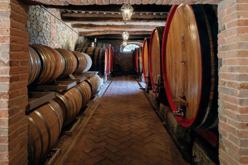 a row of wine barrels in a wine cellar at Castello di Bossi in Castelnuovo Berardenga