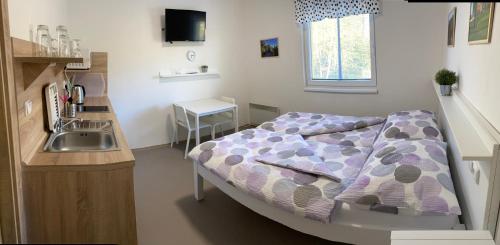 um pequeno quarto com uma cama e um lavatório em Apartmány Nad Parkem em Broumov