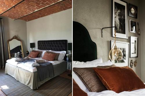 2 fotos de un dormitorio con cama en Villa La Madonna en Monastero Bormida
