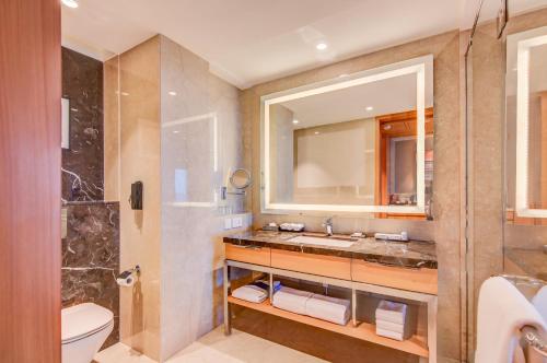 a bathroom with a sink and a toilet and a mirror at Radisson Blu Gorakhpur in Gorakhpur