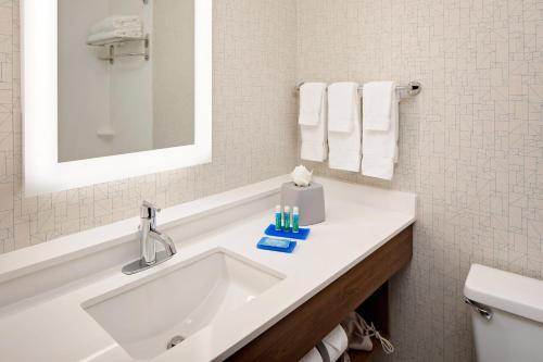 a bathroom with a sink and a toilet and towels at Holiday Inn Express Harrisburg East by IHG in Harrisburg