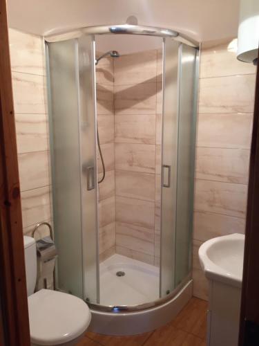a shower in a bathroom with a toilet and a sink at Domek przy plaży in Narty