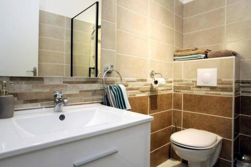 une salle de bain avec un lavabo, des toilettes et un miroir dans l'établissement Studio à Nice ensoleillé proche centre et plage, à Nice