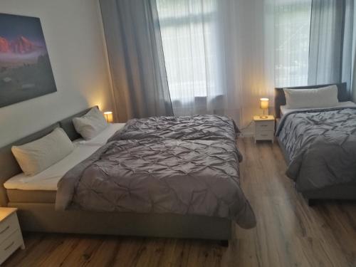 1 Schlafzimmer mit 2 Betten und einem Fenster in der Unterkunft Kölsche Wohnung 2C in Köln