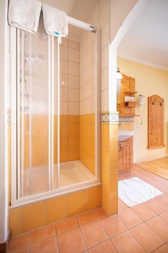 a bathroom with a shower with a glass door at MAYER - Wirtshaus und Dorfhotel in Sankt Martin am Grimming