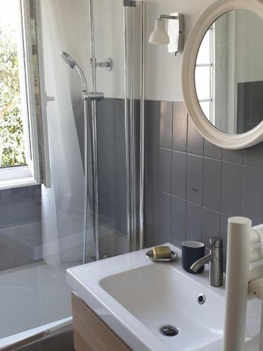 une salle de bain avec un lavabo et une douche avec un miroir dans l'établissement Ménez Rhun, à Combrit