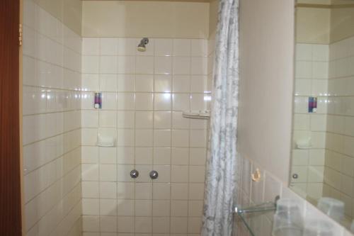 ein Bad mit Dusche und Duschvorhang in der Unterkunft Guest House Bavaria in Rundu
