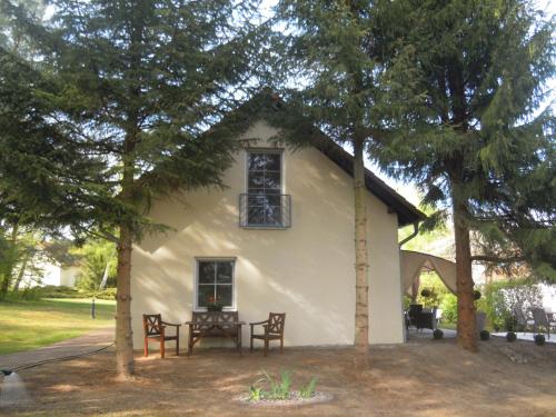 a house with a table and chairs in front of it at Lenzer Ferienidyll am Plauer See in Lenz