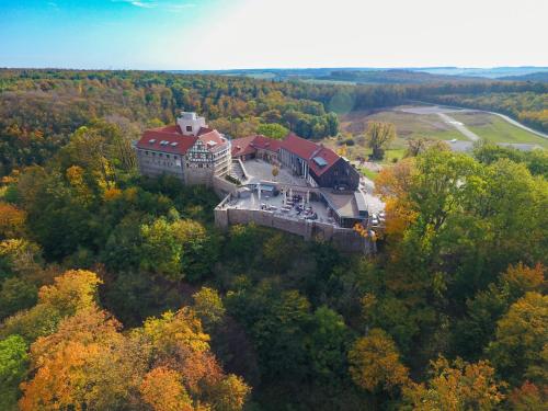an aerial view of a large building in the trees at Burghotel Scharfenstein in Leinefelde