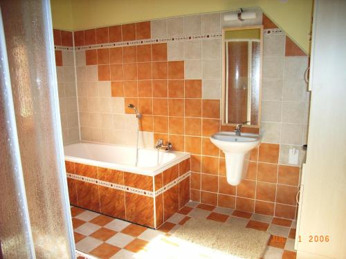 a bathroom with a tub and a sink at Holiday House Arnultovice in Rudník