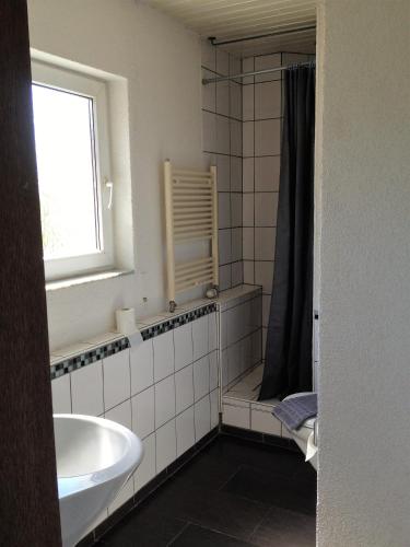 a bathroom with a sink and a window and a shower at Hotel Saarland Lebach in Lebach