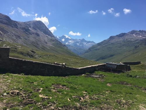 a wall in a field with mountains in the background at Chesa Viletta in La Punt-Chamues-ch
