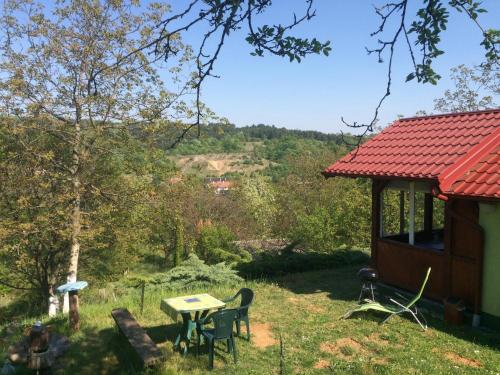 a cabin with a table and chairs in the grass at Holiday home Nanin konak 2 in Vrdnik
