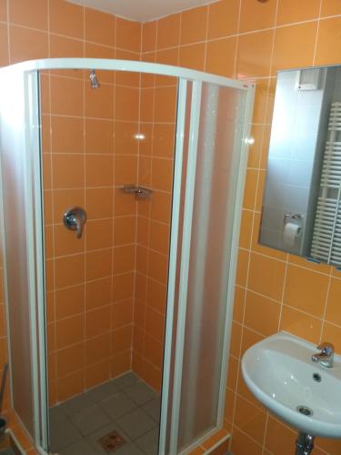 a bathroom with a shower and a sink at Vila Moravia in Pasohlávky