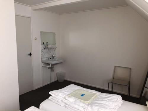 a room with a bed and a sink and a mirror at Hof Christina Vakantiewoningen in Vrouwenpolder