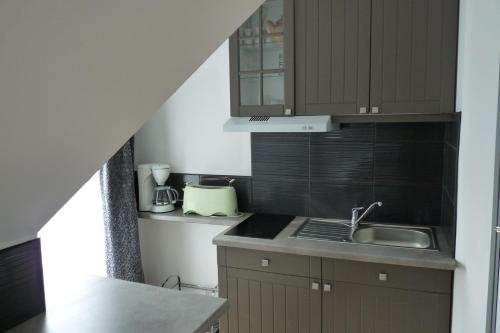 a kitchen with a sink and a counter top at Gîtes et Chambres - Les Buissonnets in La Turballe