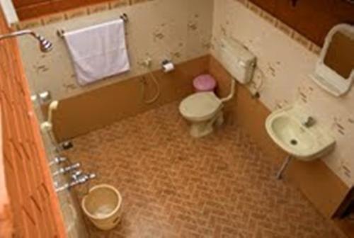 a bathroom with a toilet and a sink at Dazzle Dew in Alleppey