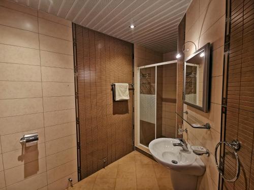 a bathroom with a sink and a shower at Къща Наковски in Gabrovo
