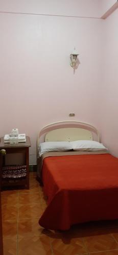 a bedroom with a bed with a red blanket at Hotel Posada del Centro in Guatemala
