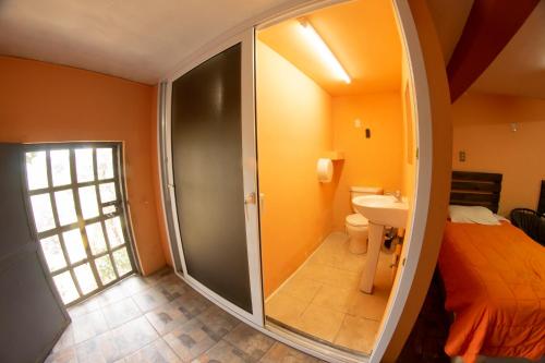 a bathroom with a shower and a toilet and a sink at Euro Hostal in Guatemala