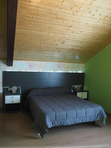 a bedroom with a bed with green walls and wooden ceilings at Casas rurales en Fanlo y Valle Vio in Fanlo del Valle de Vío