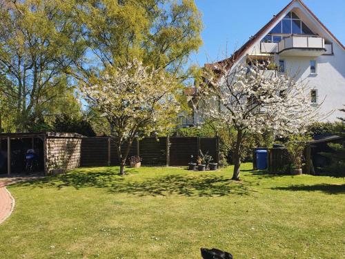 a yard with two trees in front of a house at FeWo Tina in Lübeck