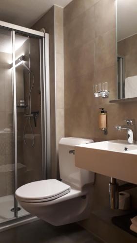 Fully的住宿－福里酒店，浴室配有卫生间、盥洗盆和淋浴。