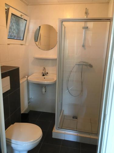 een badkamer met een douche, een toilet en een wastafel bij Appartement Achterom in Hollum