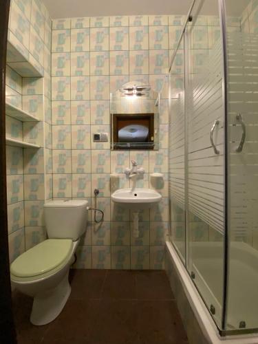a bathroom with a toilet and a sink and a shower at Willa Ewa in Jantar