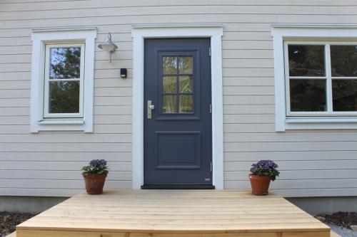 a blue door on a house with two potted plants at Ferienhaus Chalet Goldberg in Bad Harzburg