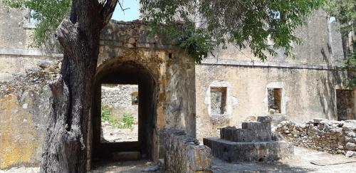 an entrance to a building with a tree and stairs at Ionian Trilogy Luxury Villas in Sami
