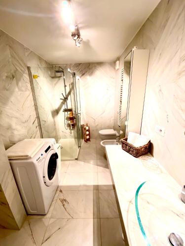 a bathroom with a shower and a washing machine at Appartamento Alice in Bardolino