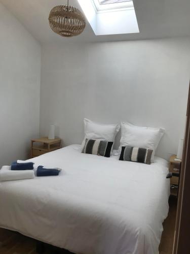 a bedroom with a large white bed with a skylight at Le gîte des moineaux in Argeliers