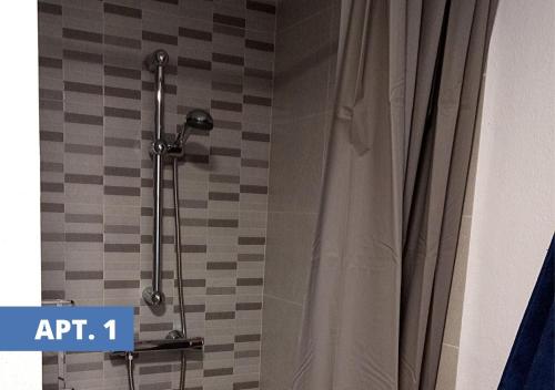 La salle de bains est pourvue d'une douche avec rideau de douche. dans l'établissement Casa la Cabra, à Moclín