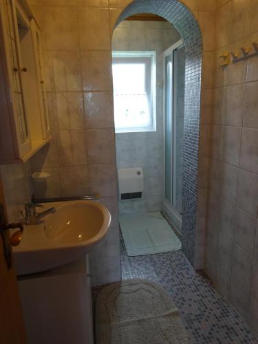 a bathroom with a sink and a shower with a window at Bungalow Raschun Grabelsdorf Etruskerweg 12 / 9122 St. Kanzian in Grabelsdorf