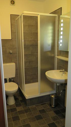 a bathroom with a toilet and a shower and a sink at Johnny's wohnen auf Zeit in Duisburg
