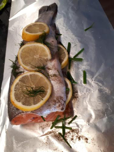 a piece of fish with lemon slices on a plate at Stuga 5 Varmland in Torsby