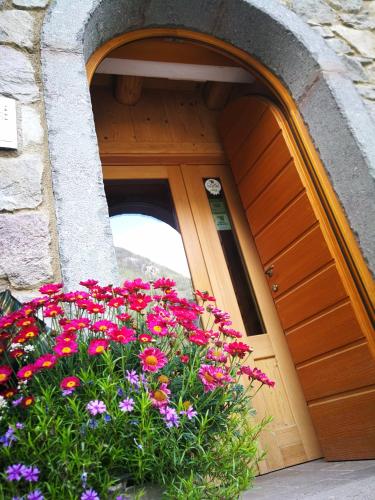 a bunch of flowers in front of a door at Agriturismo Alle Baite in Branzi
